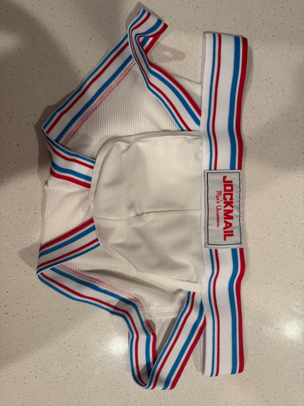 White Mesh Athletic Jockstrap with Red & Blue Striped Waistband